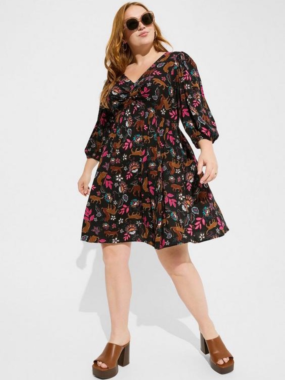 Torrid Mini Rayon Slub Balloon Sleeve Twist Font Dress in Leopard Leaves NWT 1X